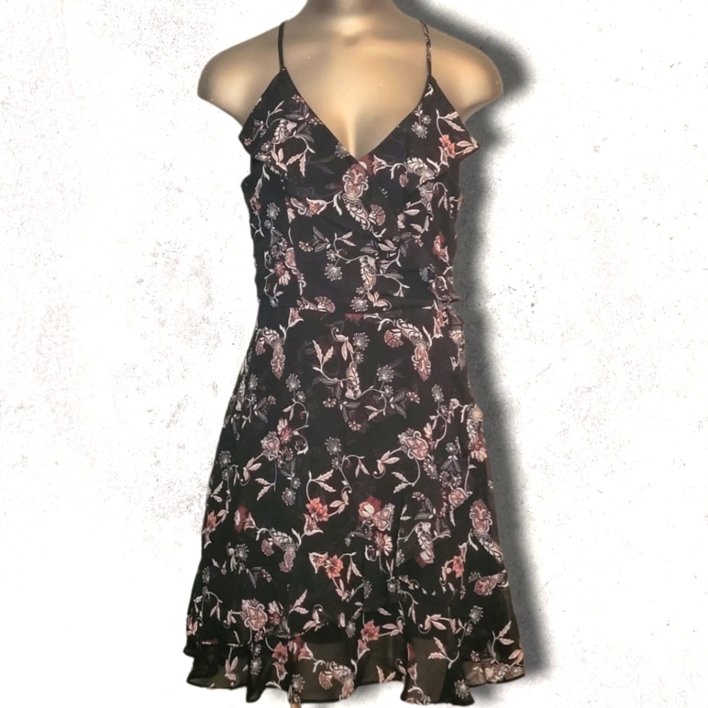 Miami Black & Pink Paisley Chiffon Esque Ruffle Strappy Mini Dress Small